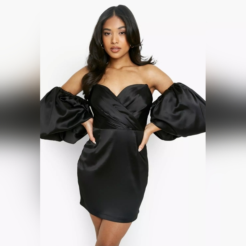 💕Elegant Black Off-Shoulder mini Dress with‎ puff sleeves
